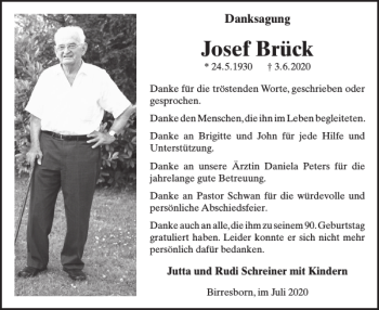 Traueranzeige von Josef Brück von WochenSpiegel