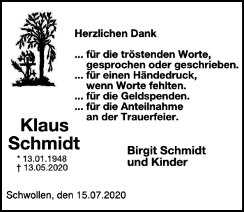 Traueranzeige von Klaus Schmidt von WochenSpiegel