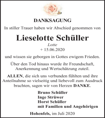 Traueranzeige von Lieselotte Schüller von WochenSpiegel