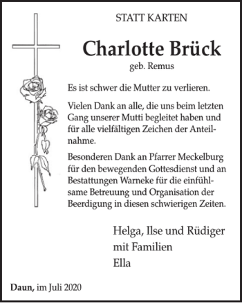 Traueranzeige von Charlotte Brück von WochenSpiegel