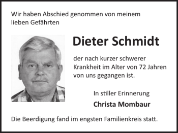 Traueranzeige von Dieter Schmidt von WochenSpiegel