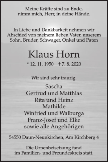 Traueranzeige von Klaus Horn von WochenSpiegel