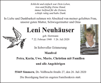 Traueranzeige von Leni Neuhäuser von WochenSpiegel