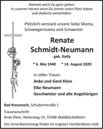 Traueranzeige von Renate Schmidt-Neumann von WochenSpiegel