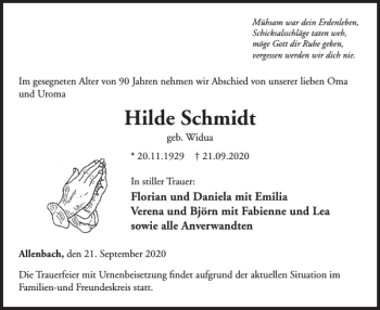 Traueranzeige von Hilde Schmidt von WochenSpiegel