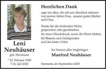 Traueranzeige von Leni Neuhäuser von WochenSpiegel