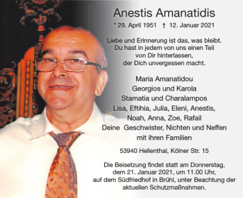 Traueranzeige von Anestis Amanatidis von WochenSpiegel