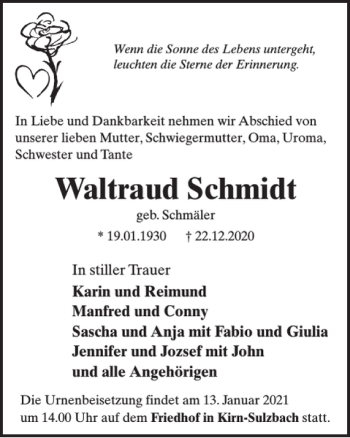 Traueranzeige von Waltraud Schmidt von WochenSpiegel