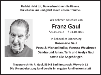 Traueranzeige von Franz Gaul von WochenSpiegel