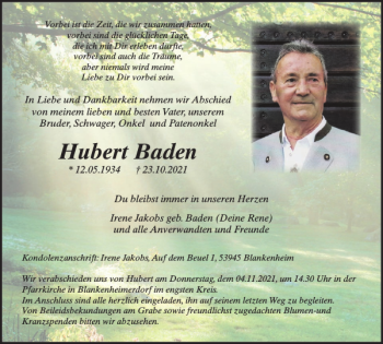 Traueranzeige von Hubert Baden von WochenSpiegel