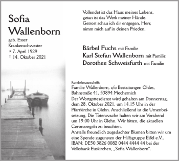 Traueranzeige von Sofia Wallenborn von WochenSpiegel