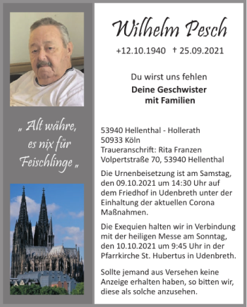 Traueranzeige von Wilhelm Pesch von WochenSpiegel