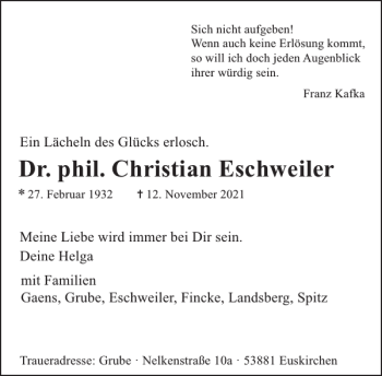 Traueranzeige von Dr. phil. Christian Eschweiler von WochenSpiegel