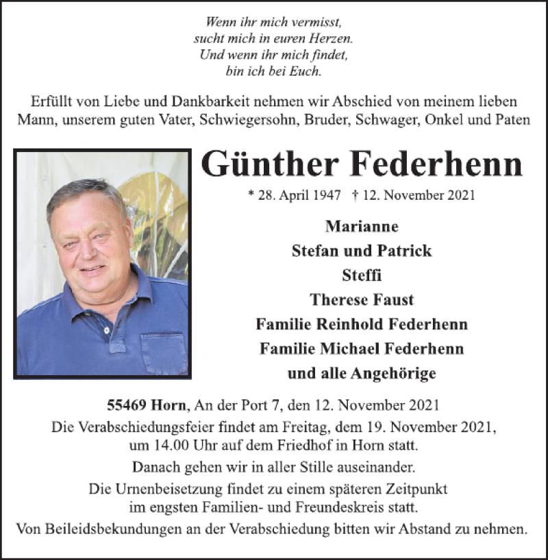  Traueranzeige für Günther Federhenn vom 17.11.2021 aus WochenSpiegel