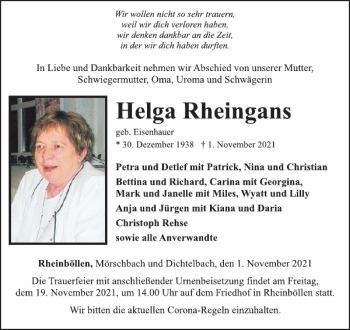 Traueranzeige von Helga Rheingans von WochenSpiegel