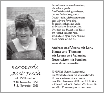 Traueranzeige von Rosemarie Rosi Pesch von WochenSpiegel