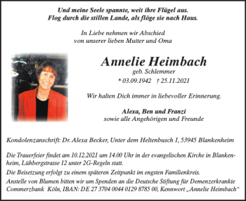 Traueranzeige von Annelie Heimbach von WochenSpiegel