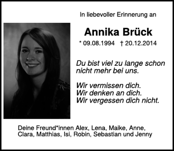 Traueranzeige von Annika Brück von WochenSpiegel