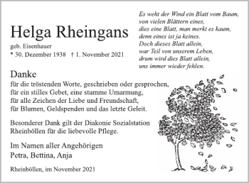 Traueranzeige von Helga Rheingans von WochenSpiegel