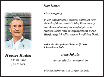 Traueranzeige von Hubert Baden von WochenSpiegel