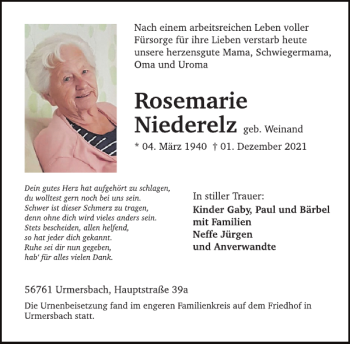 Traueranzeige von Rosemarie Niederelz von WochenSpiegel