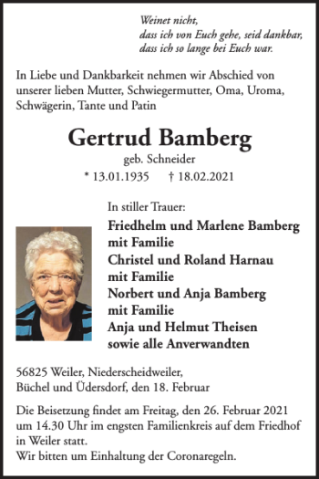 Traueranzeige von Gertrud Bamberg von WochenSpiegel