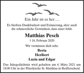 Traueranzeige von Matthias Pesch von WochenSpiegel