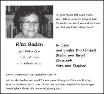 Traueranzeige von Rita Baden von WochenSpiegel