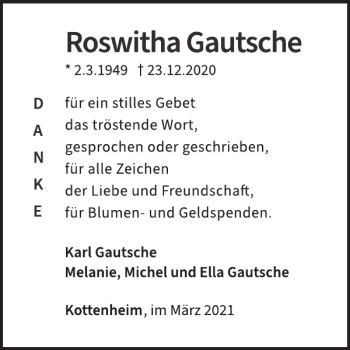 Traueranzeige von Roswitha Gautsche von WochenSpiegel