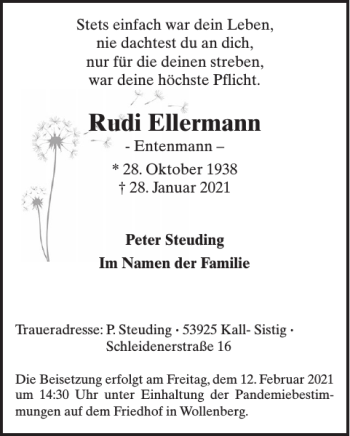 Traueranzeige von Rudi Ellermann von WochenSpiegel