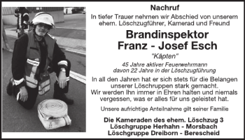 Traueranzeige von Brandinspektor Franz-Josef Esch von WochenSpiegel