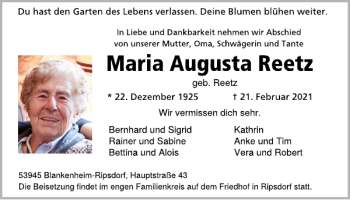 Traueranzeige von Maria Augusta Reetz von WochenSpiegel