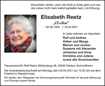 Traueranzeige von Elisabeth Reetz von WochenSpiegel