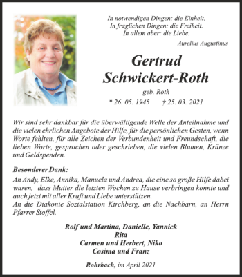 Traueranzeige von Gertrud Schwickert-Roth von WochenSpiegel