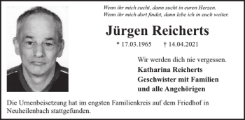 Traueranzeige von Jürgen Reicherts von WochenSpiegel