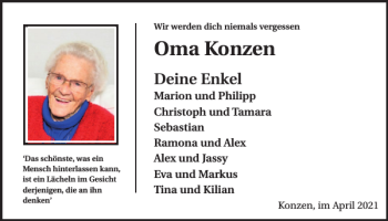 Traueranzeige von Oma Konzen von WochenSpiegel