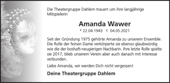 Traueranzeige von Amanda Wawer von WochenSpiegel