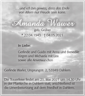 Traueranzeige von Amanda Wawer von WochenSpiegel