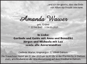 Traueranzeige von Amanda Wawer von WochenSpiegel