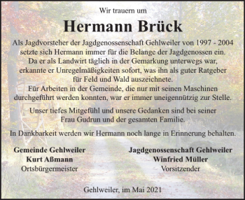 Traueranzeige von Hermann Brück von WochenSpiegel