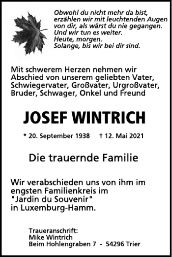 Traueranzeige von Josef Wintrich von WochenSpiegel