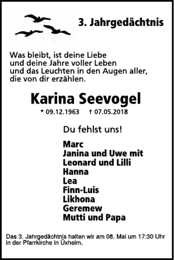 Traueranzeige von Karina Seevogel von WochenSpiegel