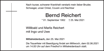 Traueranzeige von Bernd Reichert von WochenSpiegel