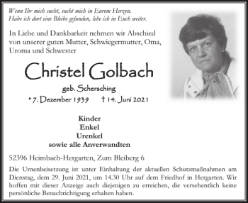 Traueranzeige von Christel Golbach von WochenSpiegel