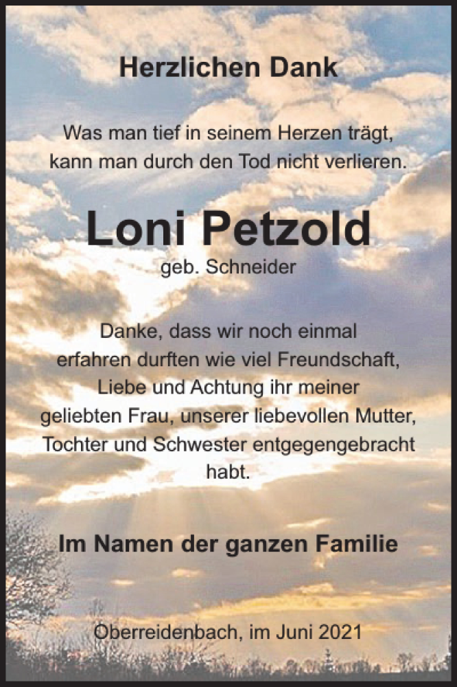  Traueranzeige für Loni Petzold vom 09.06.2021 aus WochenSpiegel