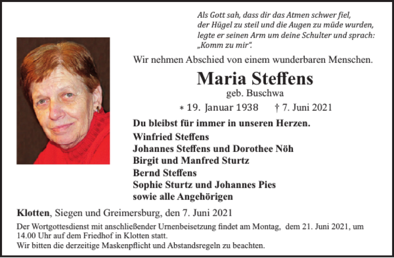 Traueranzeigen von Maria Steffens | WochenSpiegel Trauer