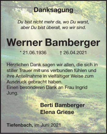 Traueranzeige von Werner Bamberger von WochenSpiegel