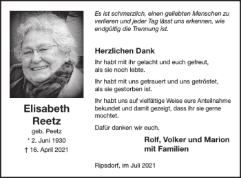 Traueranzeige von Elisabeth Reetz von WochenSpiegel