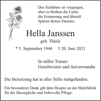 Traueranzeige von Hella Janssen von WochenSpiegel