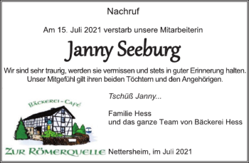 Traueranzeige von Janny Seeburg von WochenSpiegel